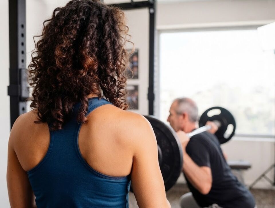 A coach observes an older man performing a barbell squat.